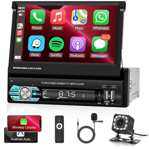 1DIN ワイヤレスCarplay＆Android Auto, 7インチHDフリップアウトタッチスクリーン車のラジオ折り畳み式 カーオーディオレシーバー/ミラーリンク/バックカメラ/FM/SWCサポートTF/USB/AUX/Type-C付きシングルDINカーステレオ